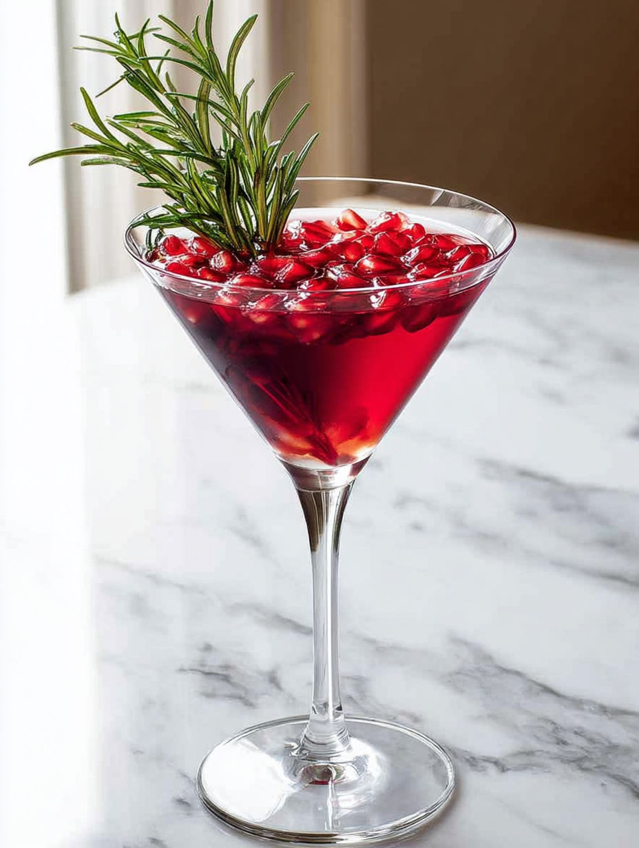 A glass of pomegranate martini cocktail with a sprig of rosemary.