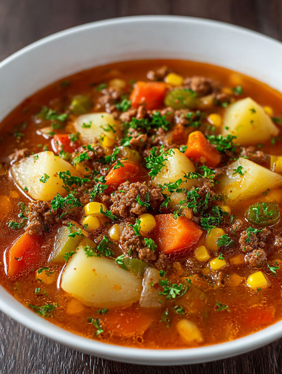 A bowl of soup with meat and vegetables.