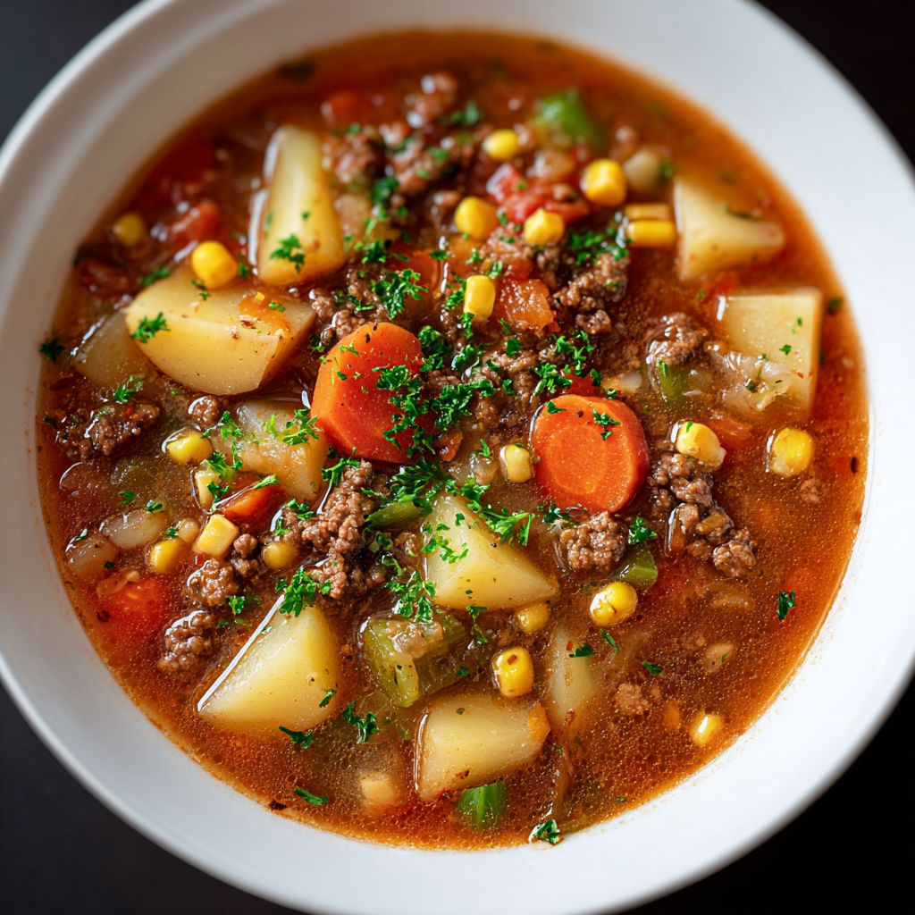 A bowl of soup with meat and vegetables.