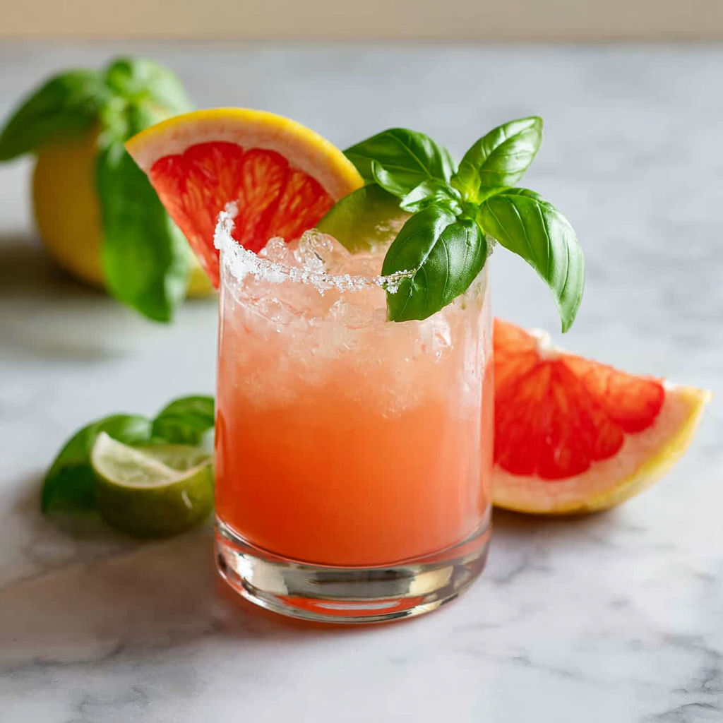 A glass of pink drink with a slice of lemon and basil.