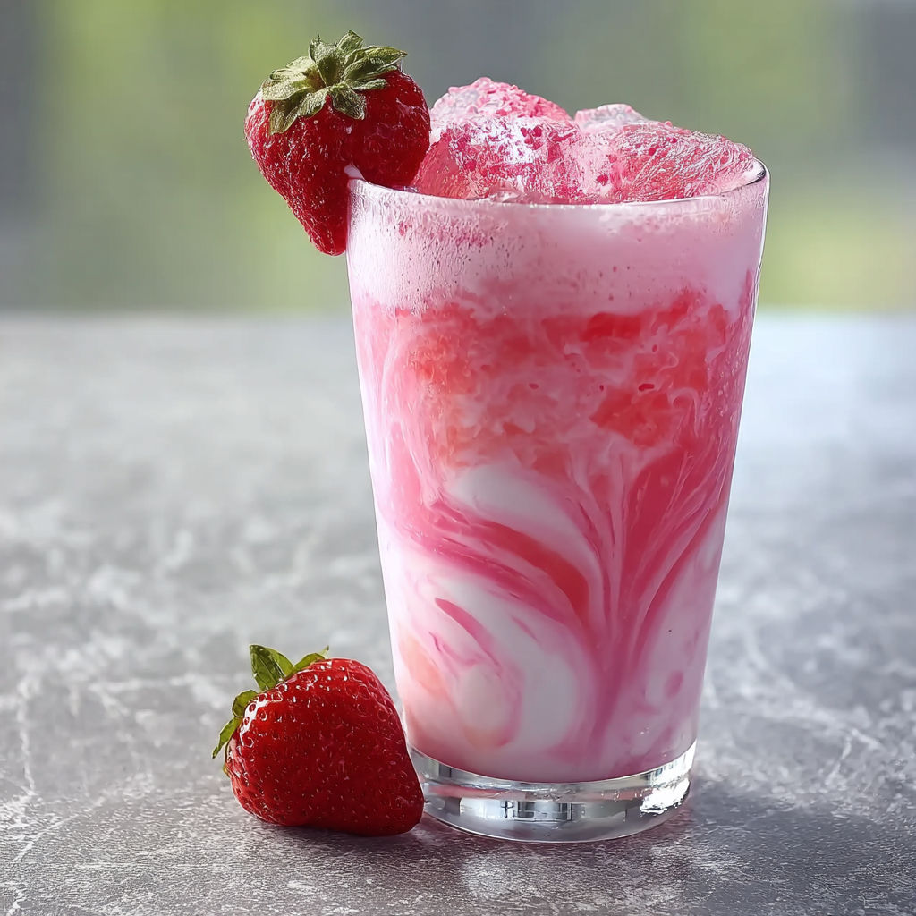 A glass of pink drink with strawberries.