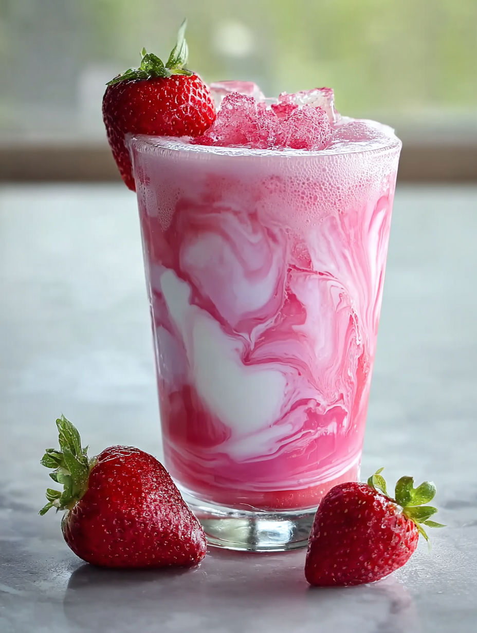 A glass of pink drink with strawberries on the side.