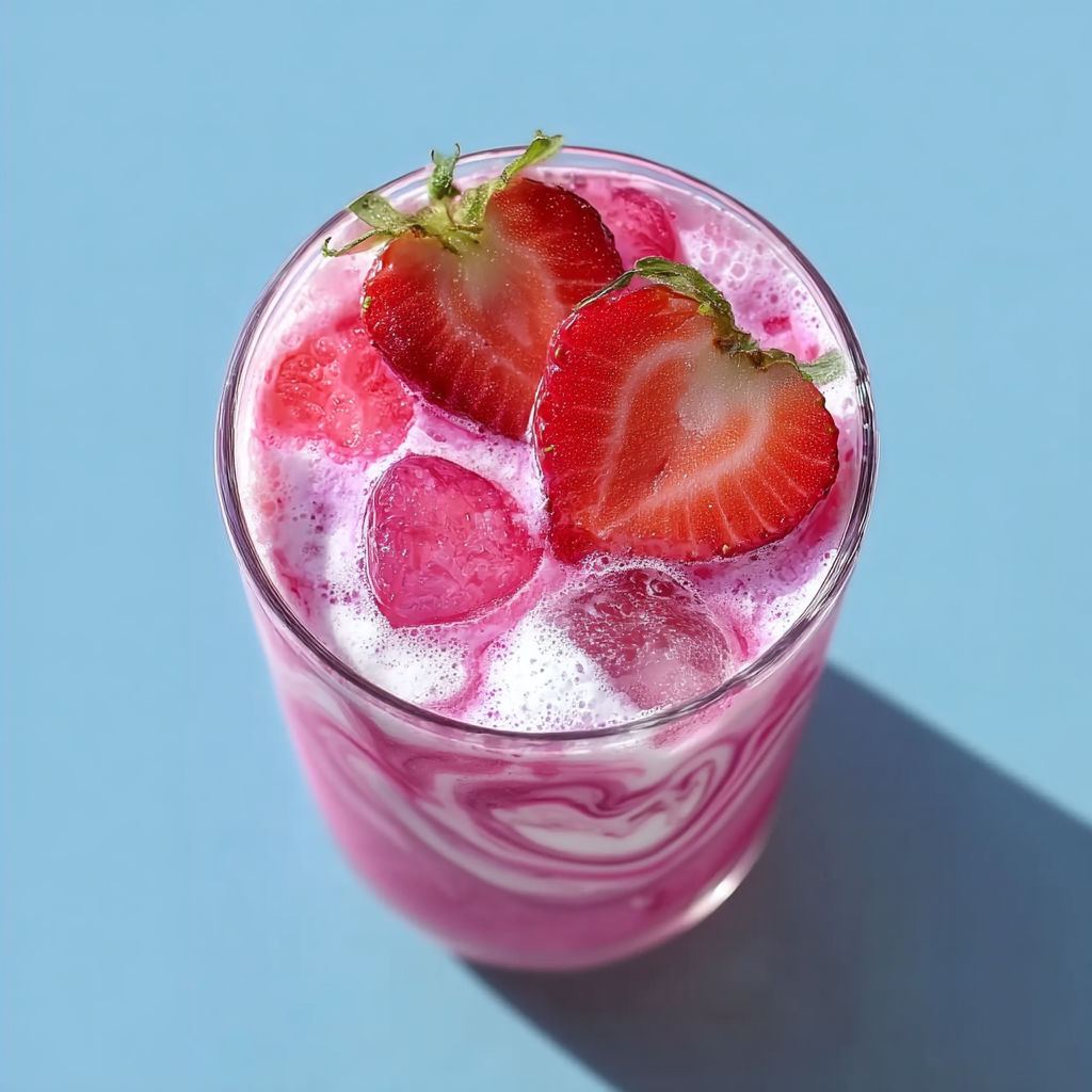 A glass of pink drink with strawberries in it.