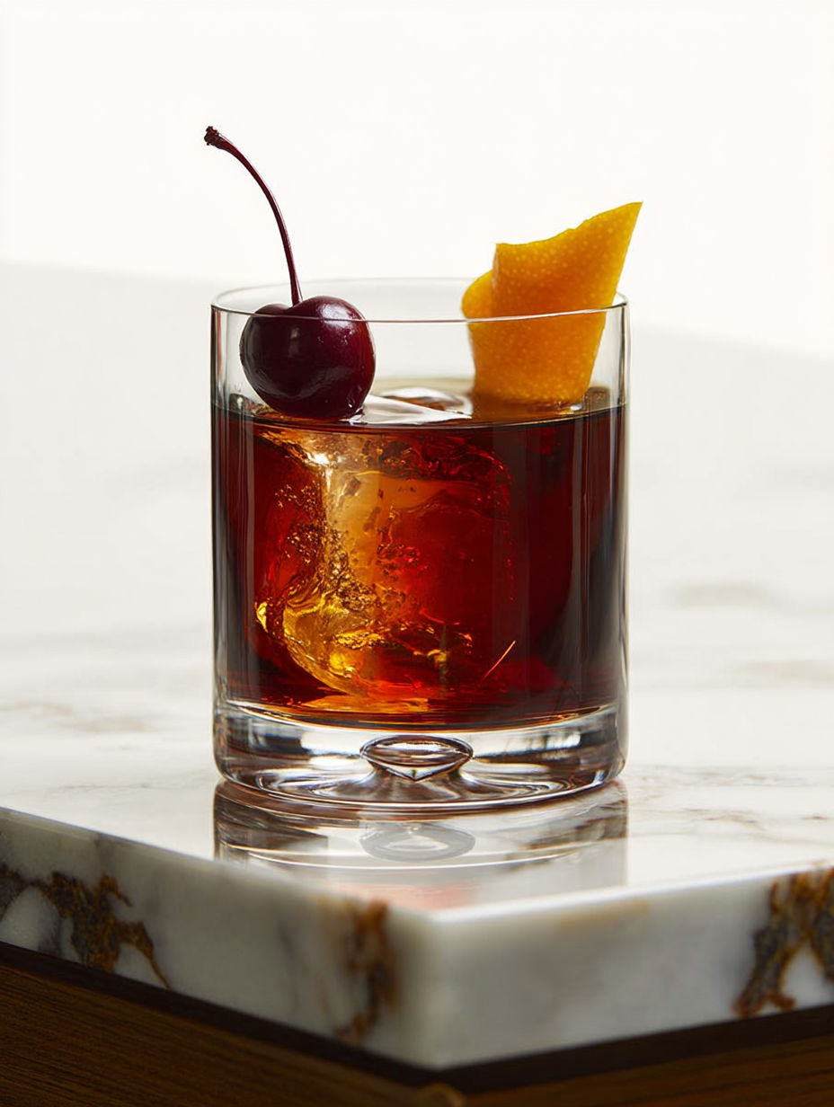 A glass of chocolate cherry old fashioned cocktail.