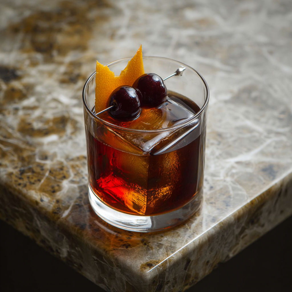 A glass of chocolate cherry old fashioned cocktail.