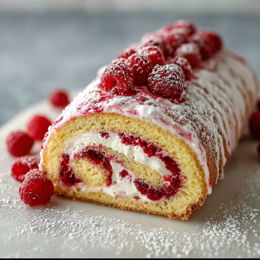 A raspberry swiss roll cake with white frosting.