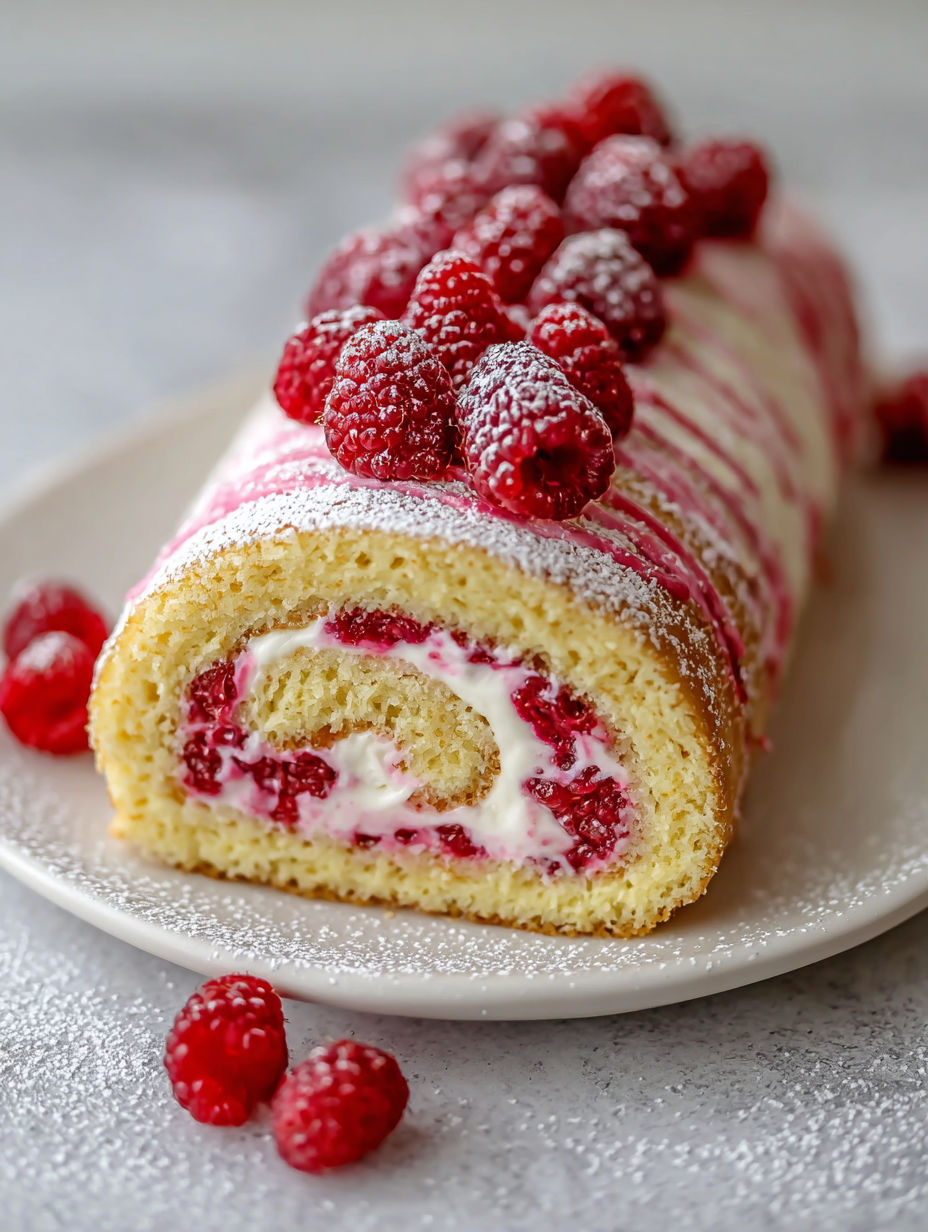 A slice of raspberry swiss roll cake.