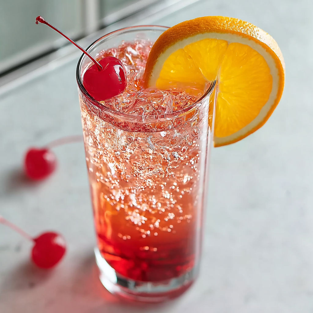 A glass of cherry limeade with a slice of orange on top.