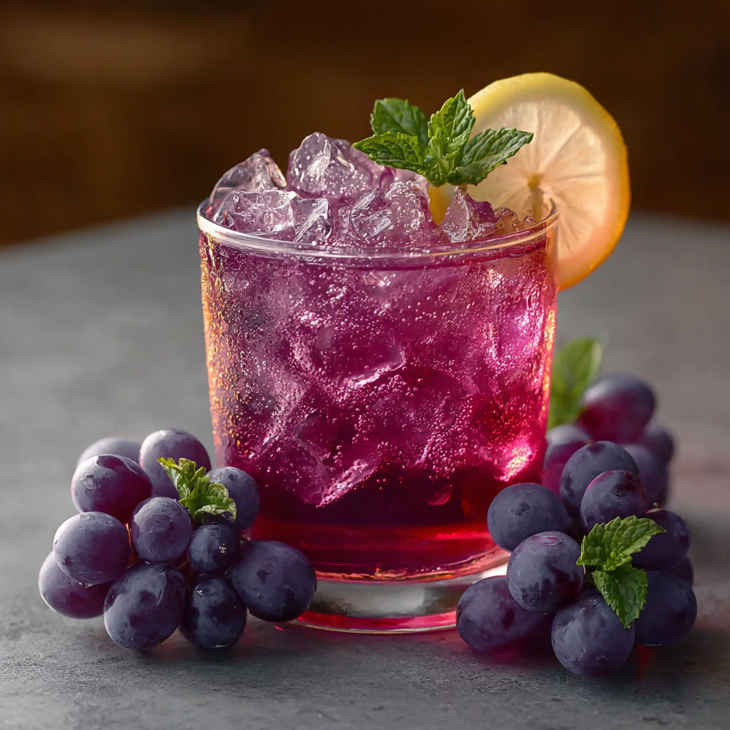 A glass of purple punch drink with a lemon wedge on the side.
