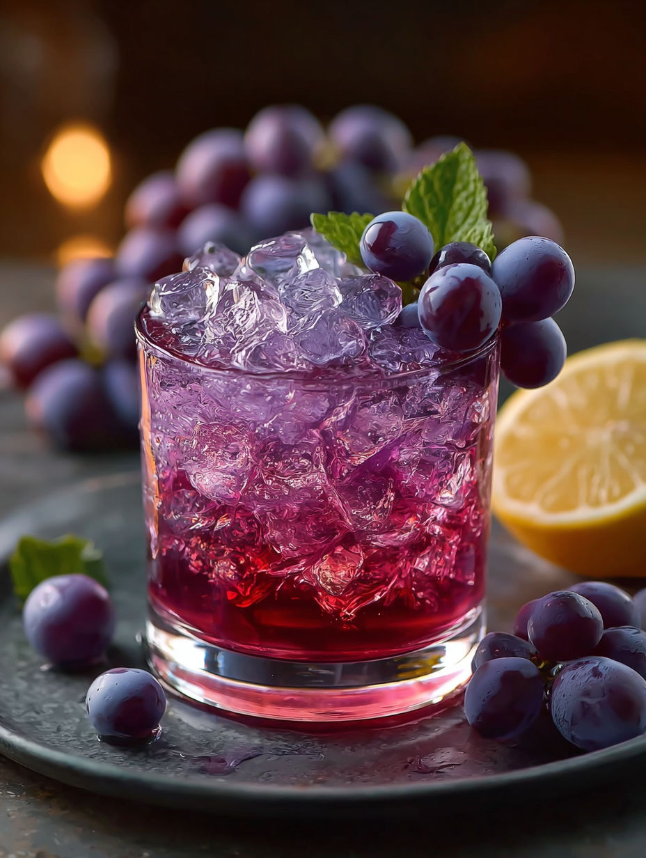 A glass of purple punch drink with a lemon wedge on the side.