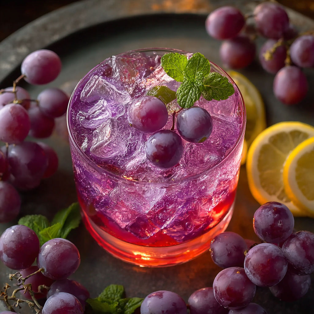 A glass of purple punch drink with grapes and lemon slices.