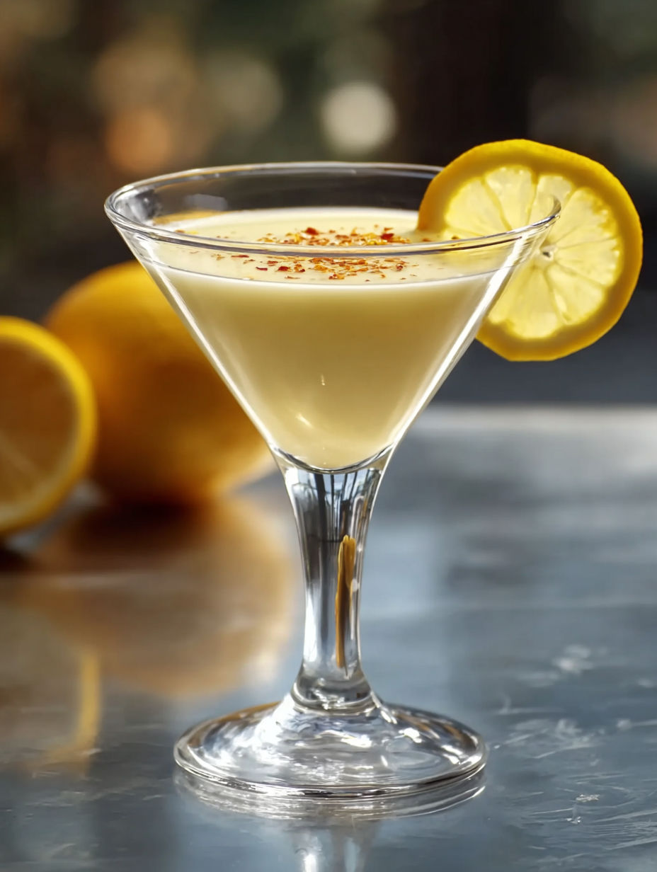 A glass of lemon drop martini with a lemon wedge on the side.