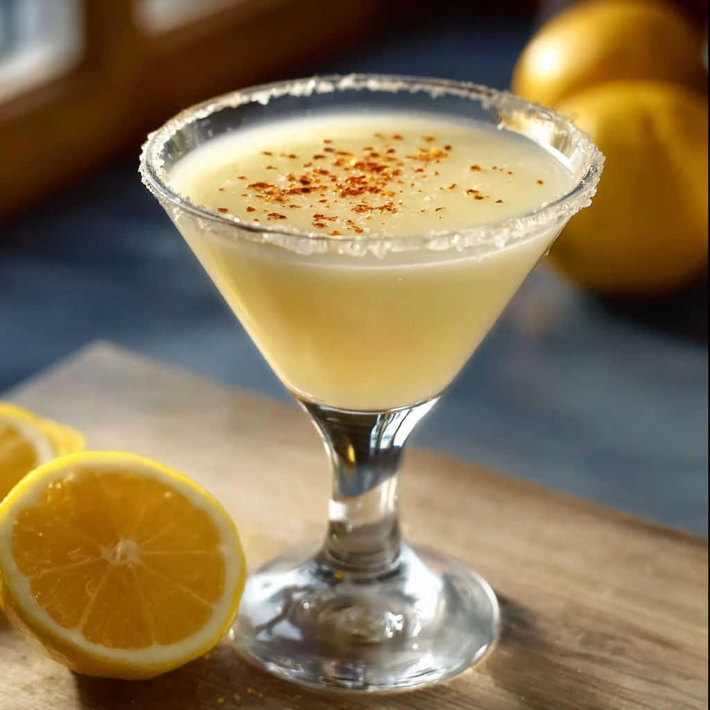 A glass of lemon drop martini with a lemon wedge on the side.