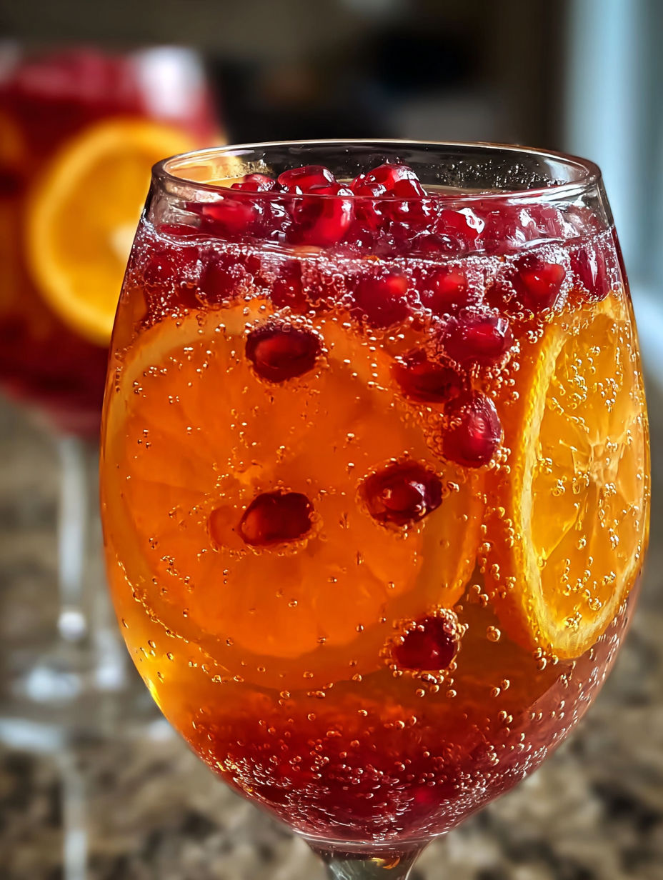 A glass of Pomegranate Orange Fizz with a slice of orange.