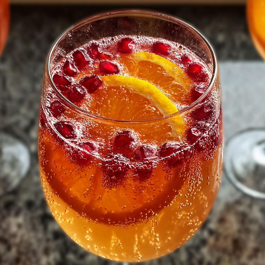 A glass of Pomegranate Orange Fizz with a slice of lemon.