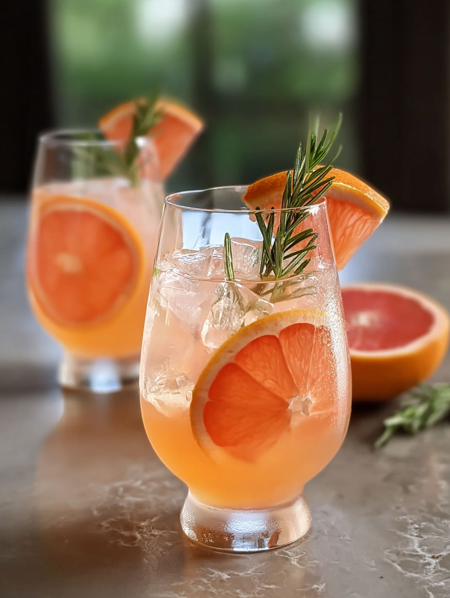 Two glasses of grapefruit rosemary spritzer.