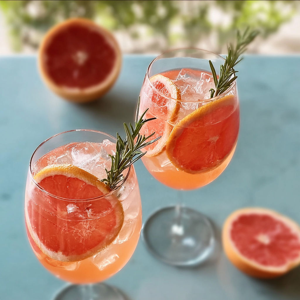 Two glasses of grapefruit rosemary spritzer.