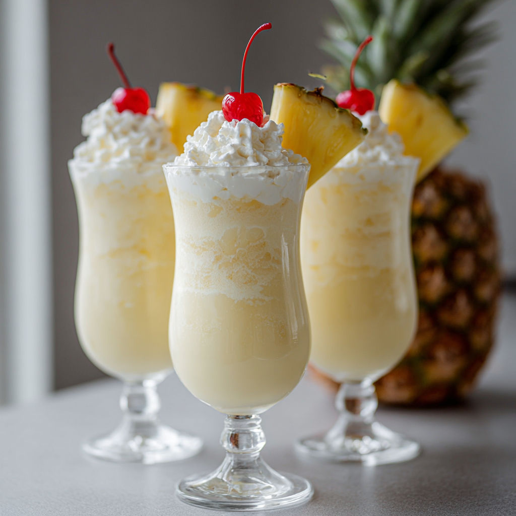Three glasses of pina colada on a table.