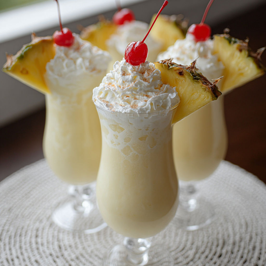 Three glasses of pina colada with cherries on top.
