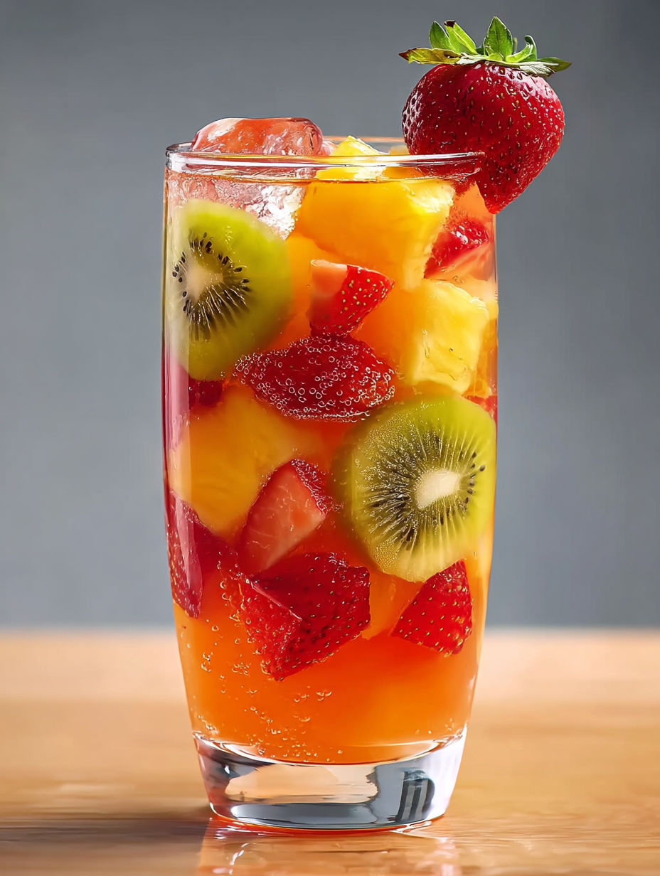 A glass of fruit punch with strawberries and kiwi.