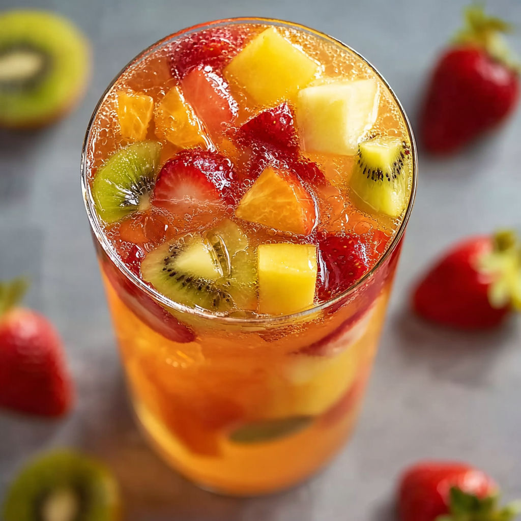 A glass of fruit punch with strawberries and kiwi.