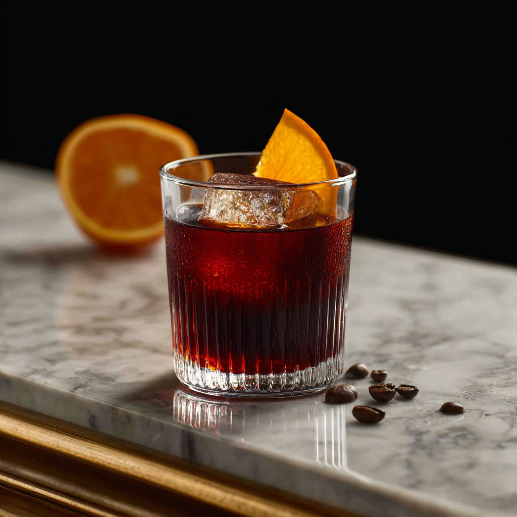A glass of coffee negroni cocktail with an orange slice on the side.