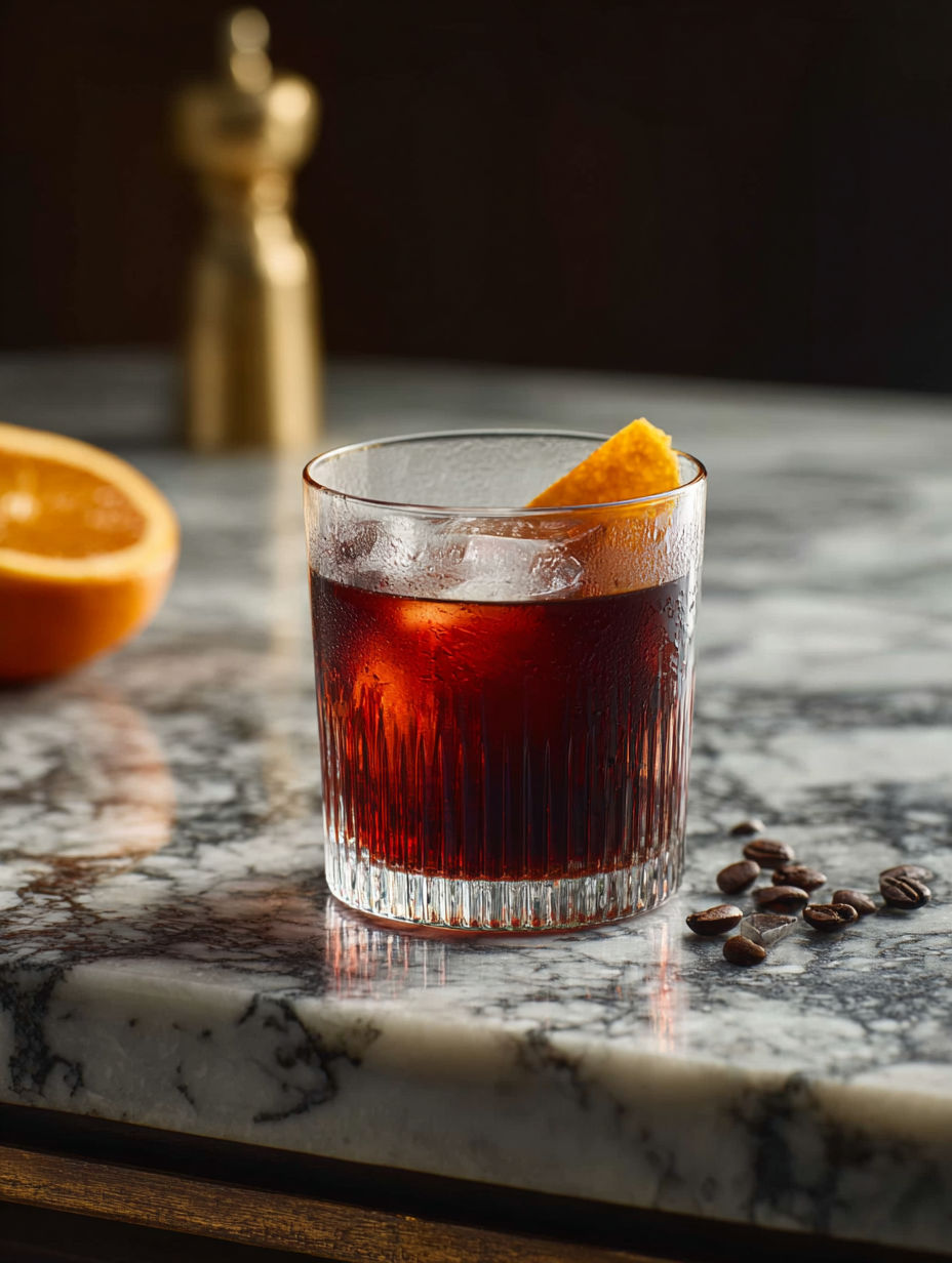 A glass of coffee negroni cocktail with a slice of orange.