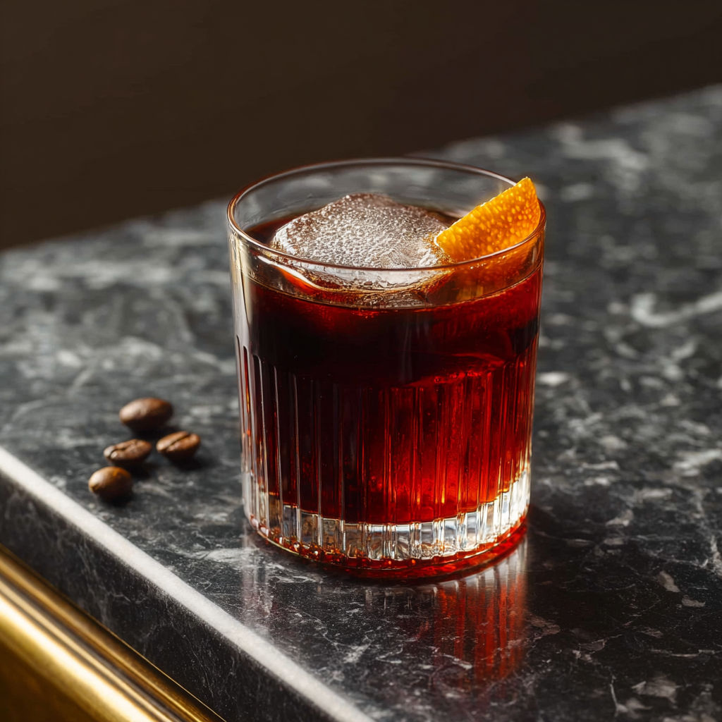 A glass of coffee negroni cocktail with a slice of orange.