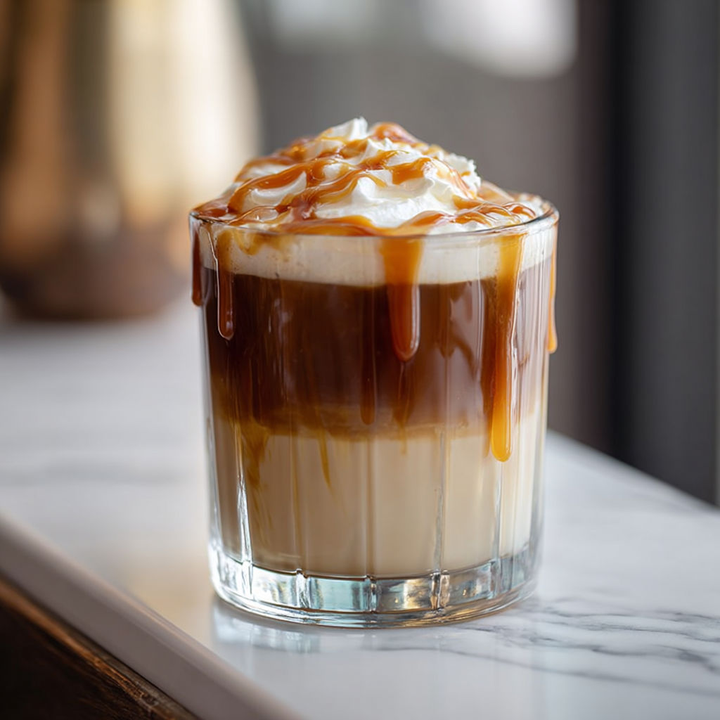 A glass of caramel macchiato coffee cocktail.