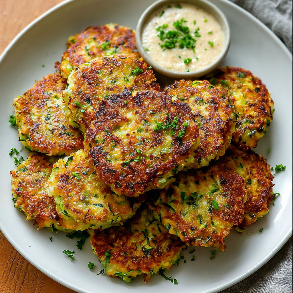A plate of zucchini patties with a dipping sauce.