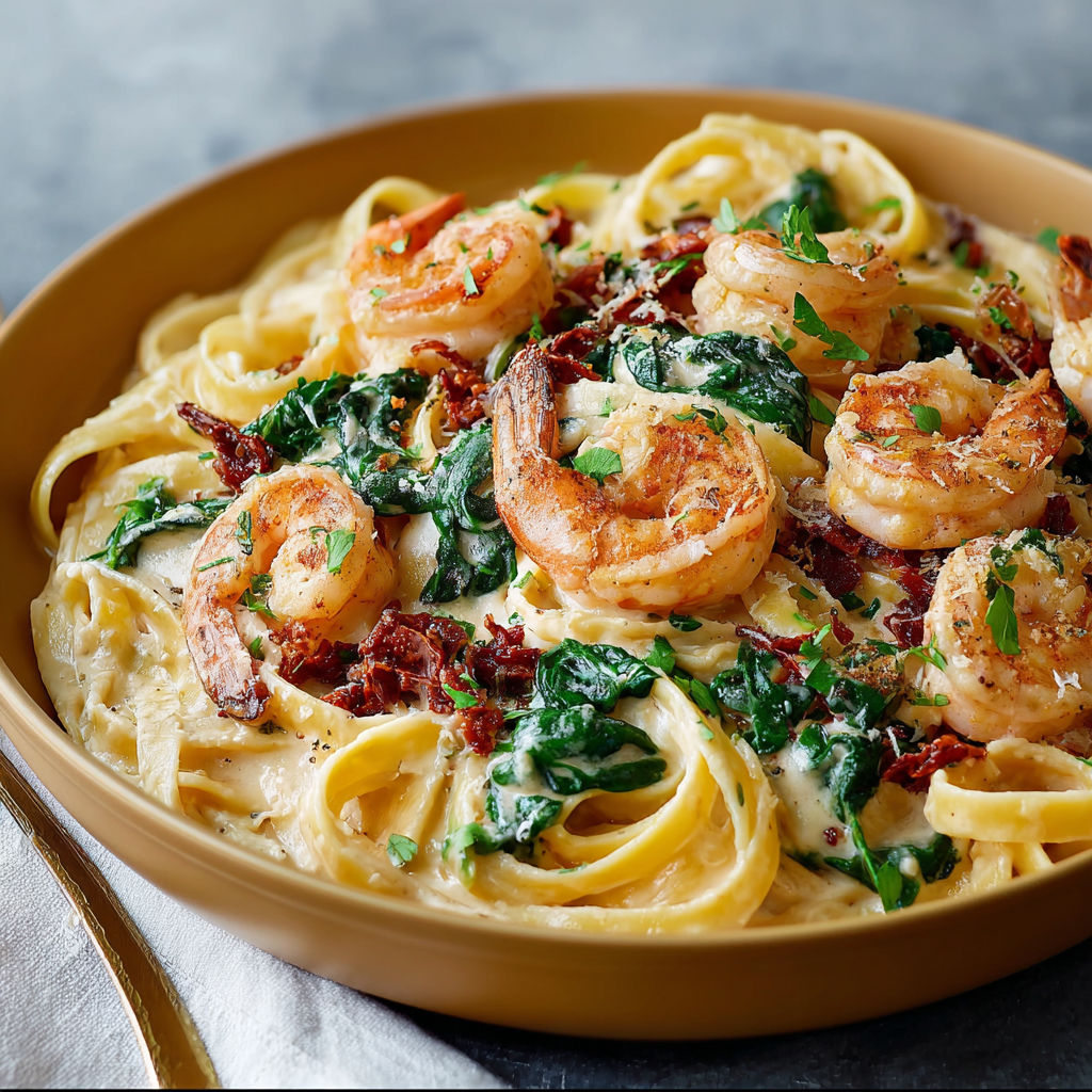 A bowl of creamy sun dried tomato shrimp pasta.