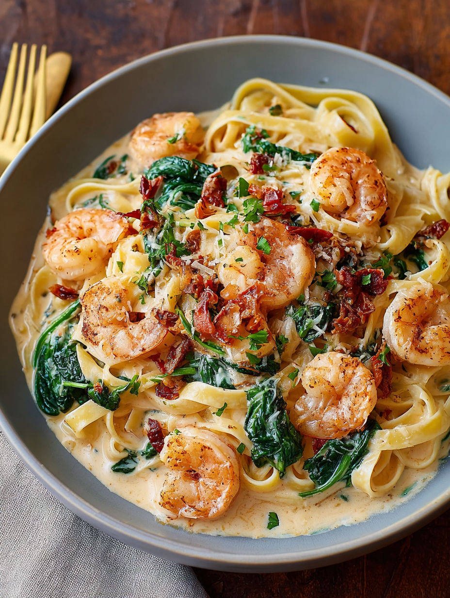 A bowl of creamy sun dried tomato shrimp pasta.