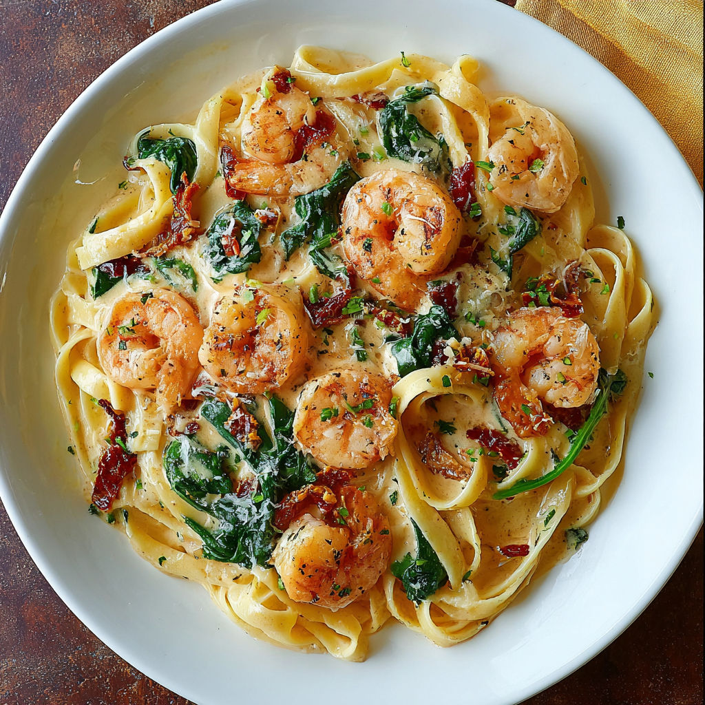 A bowl of pasta with shrimp and sun dried tomatoes.