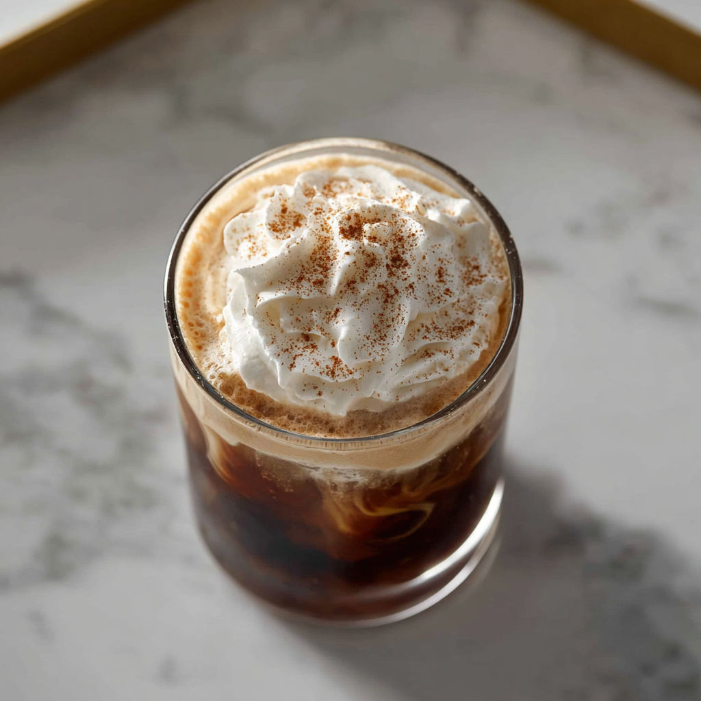 A glass of hazelnut coffee cocktail with whipped cream.