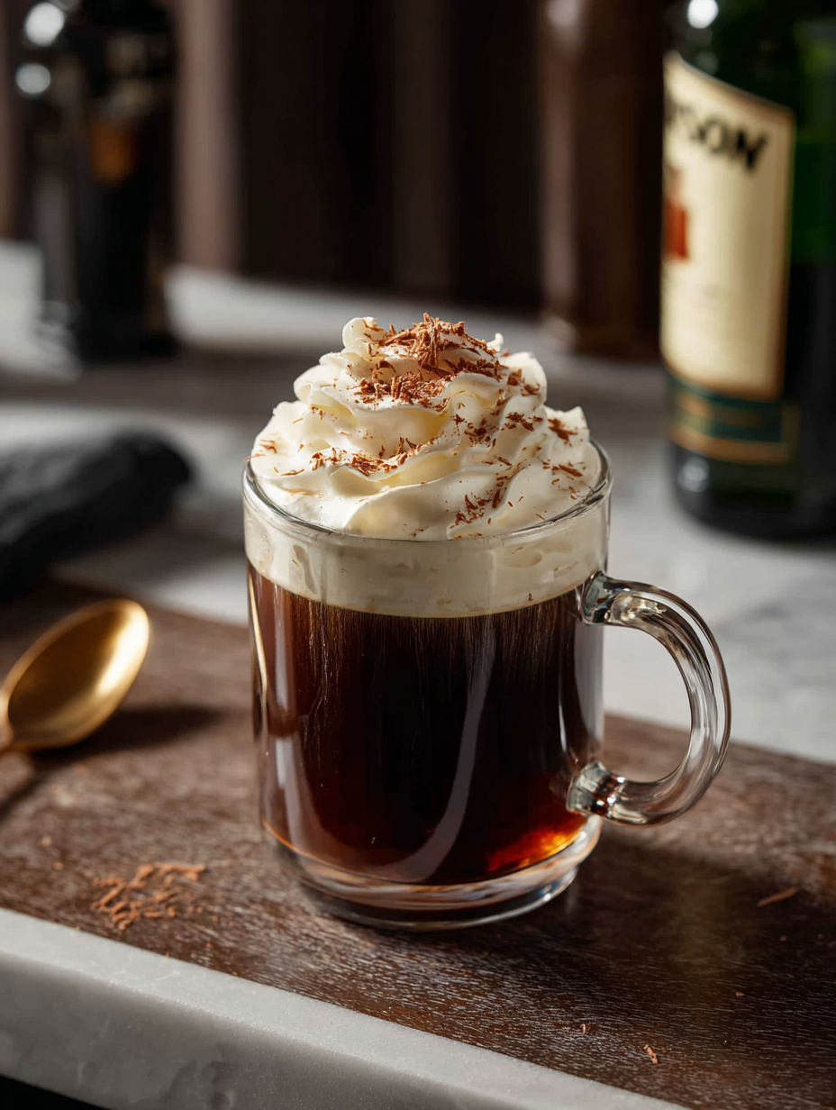 A glass of Irish coffee with Jameson cocktail.