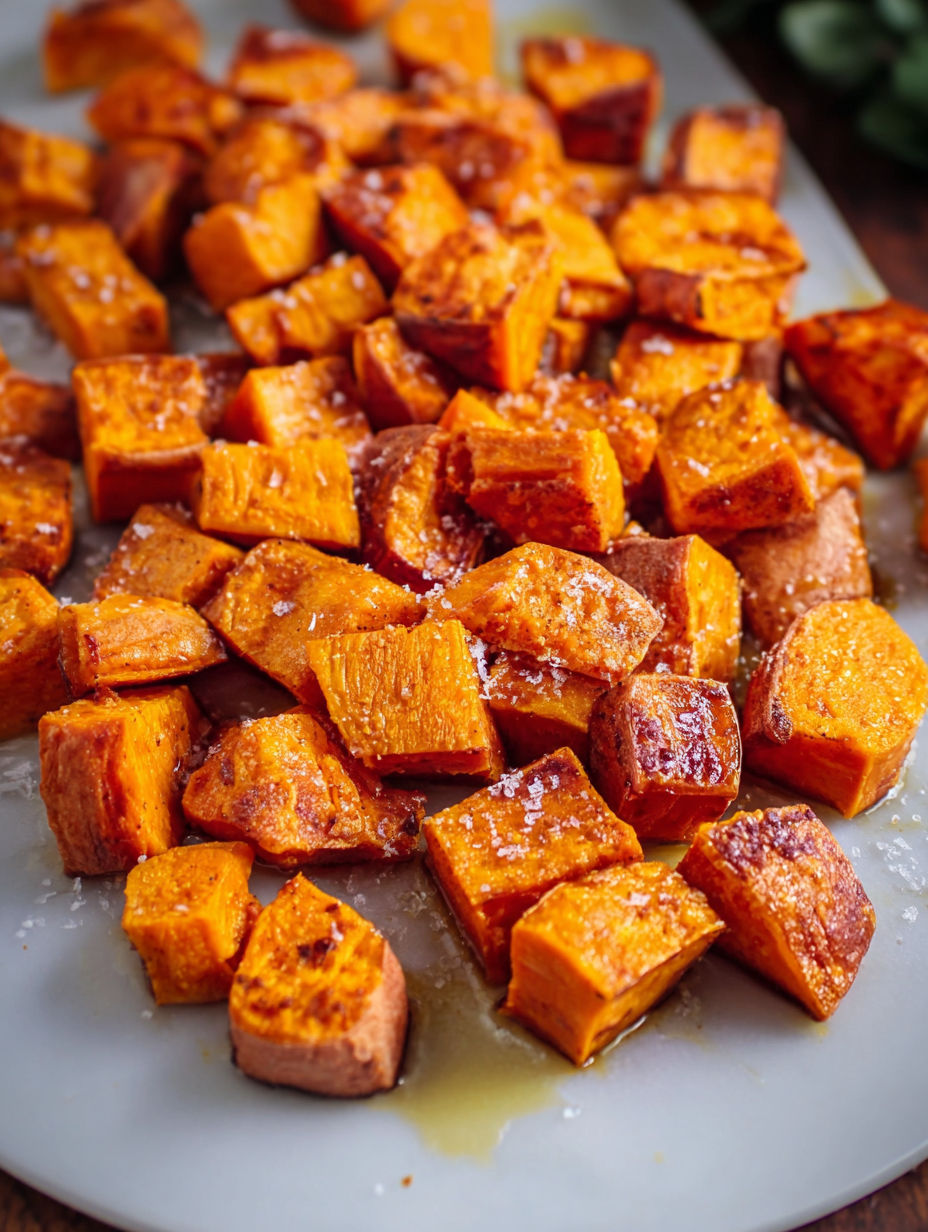 Roasted sweet potatoes on a white plate.