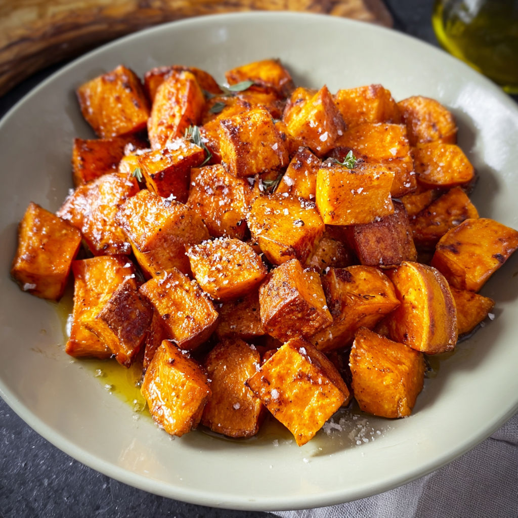A bowl of roasted sweet potatoes.