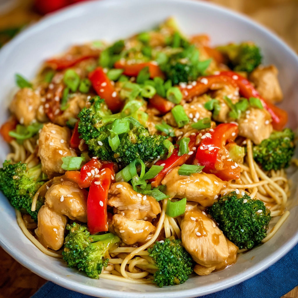 A bowl of Thai Peanut Chicken with broccoli and peppers.