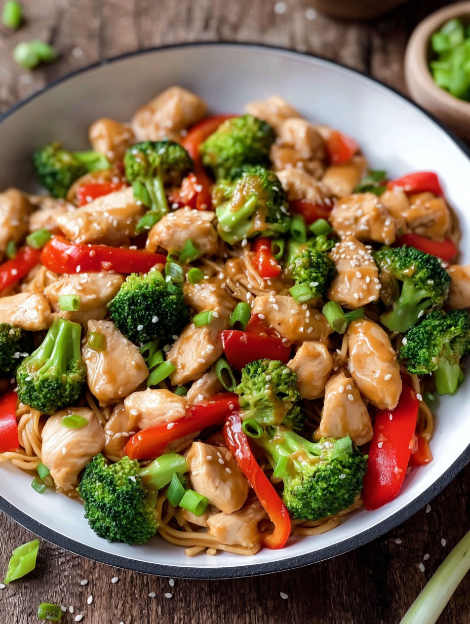 A bowl of Thai Peanut Chicken with broccoli and peppers.