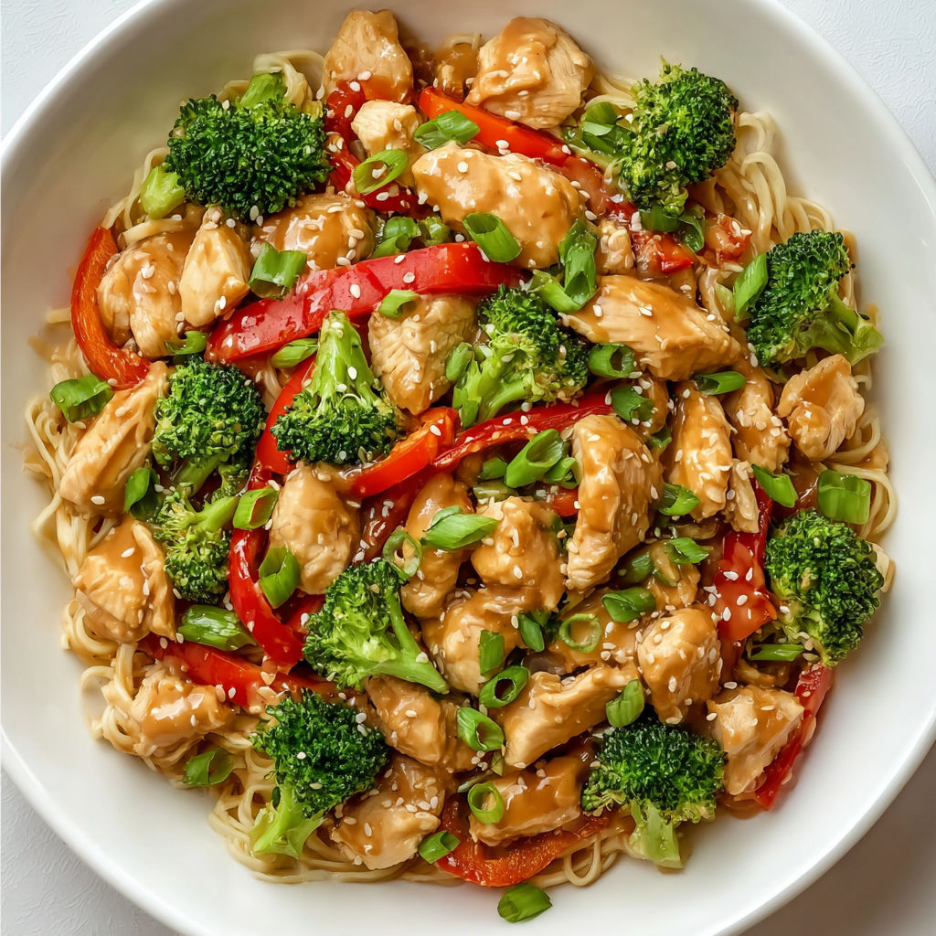 A bowl of Thai Peanut Chicken with broccoli and peppers.