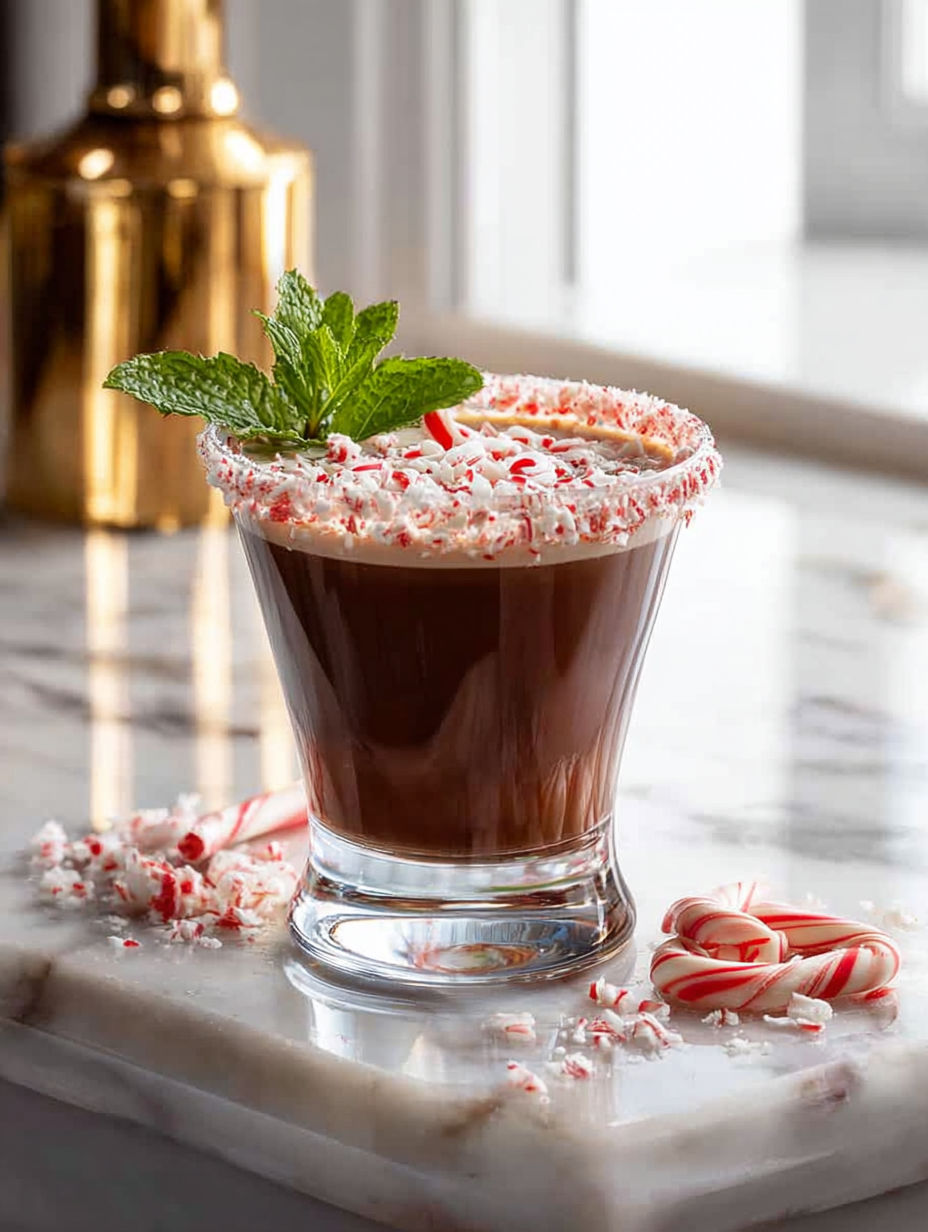 A glass of chocolate peppermint vodka cocktail.