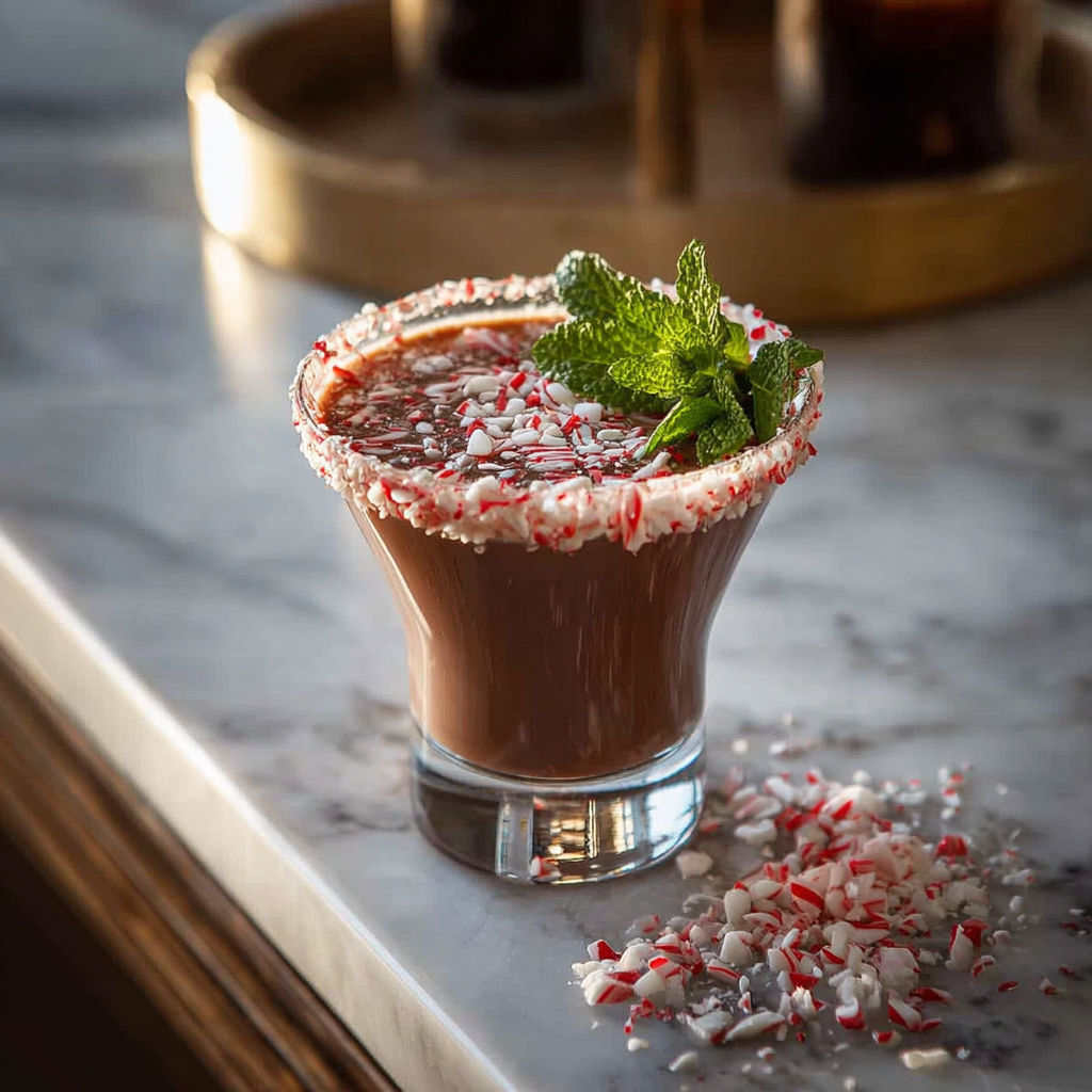 A glass of chocolate peppermint vodka cocktail.