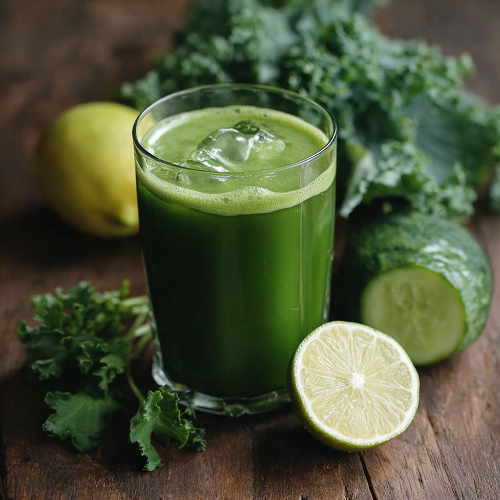 A glass of green goddess juice with a slice of lemon.