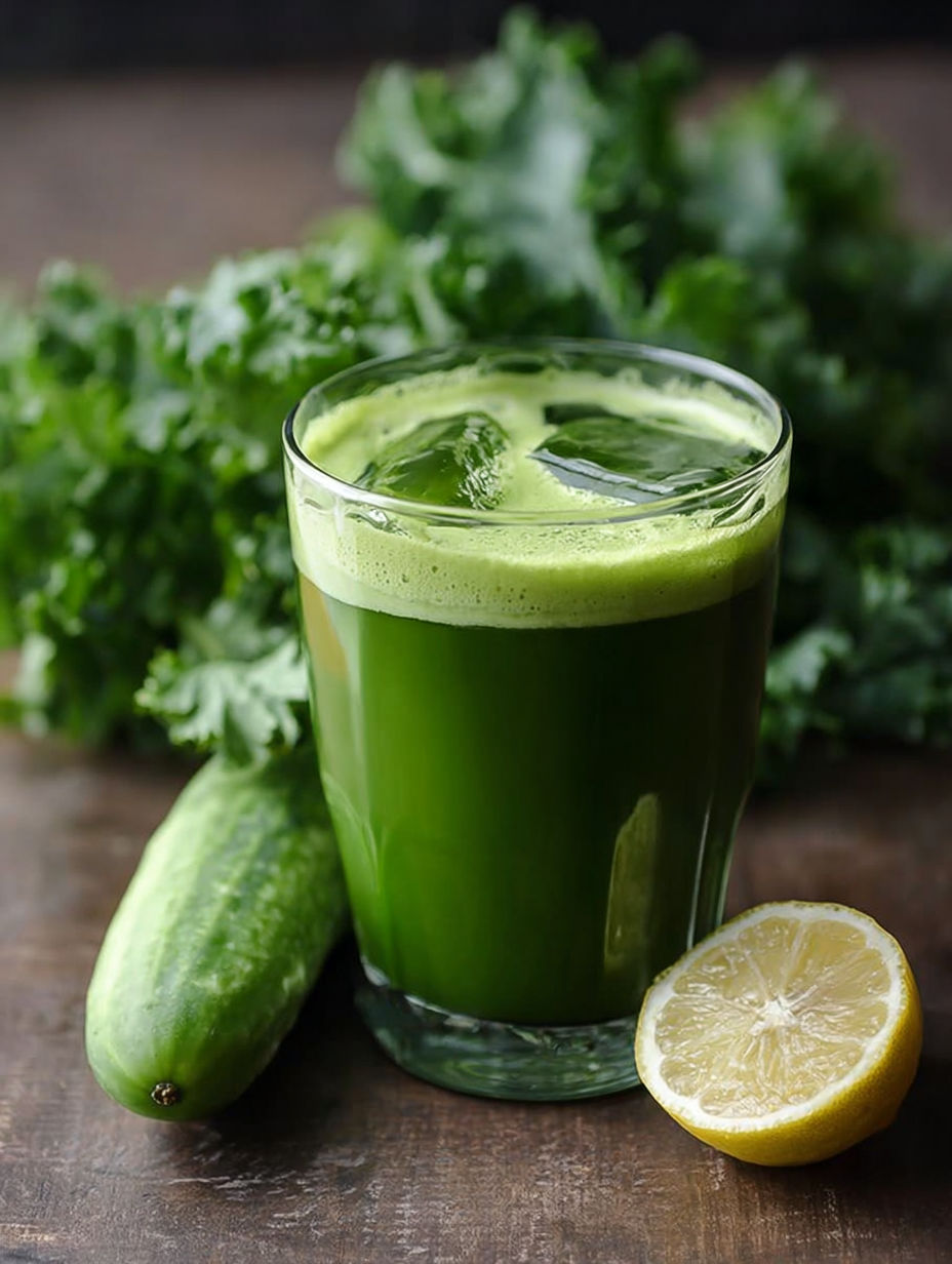 A glass of green juice with a lemon wedge.