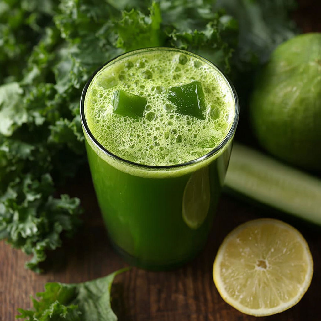 A glass of green juice with a lemon wedge on the side.