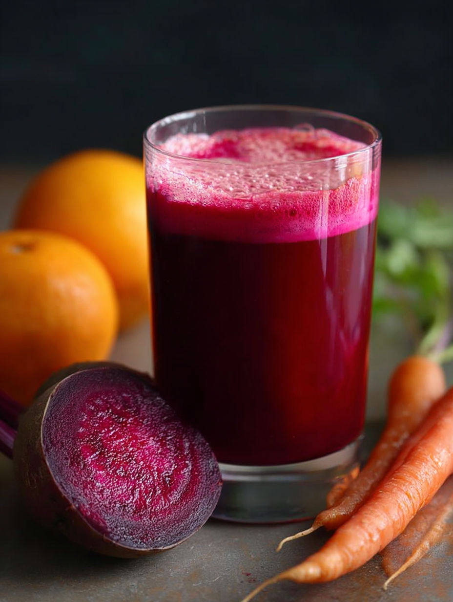 A glass of beetroot bliss juice with carrots and oranges on the side.
