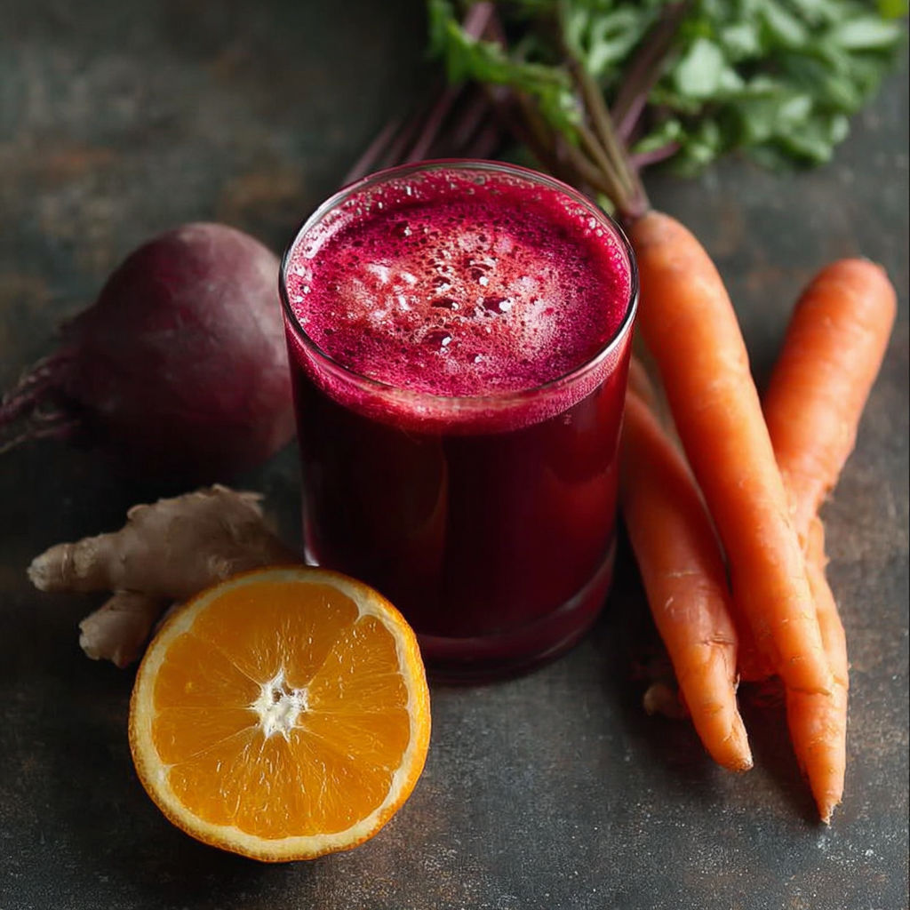 A glass of beetroot bliss juice with carrots and an orange on the side.