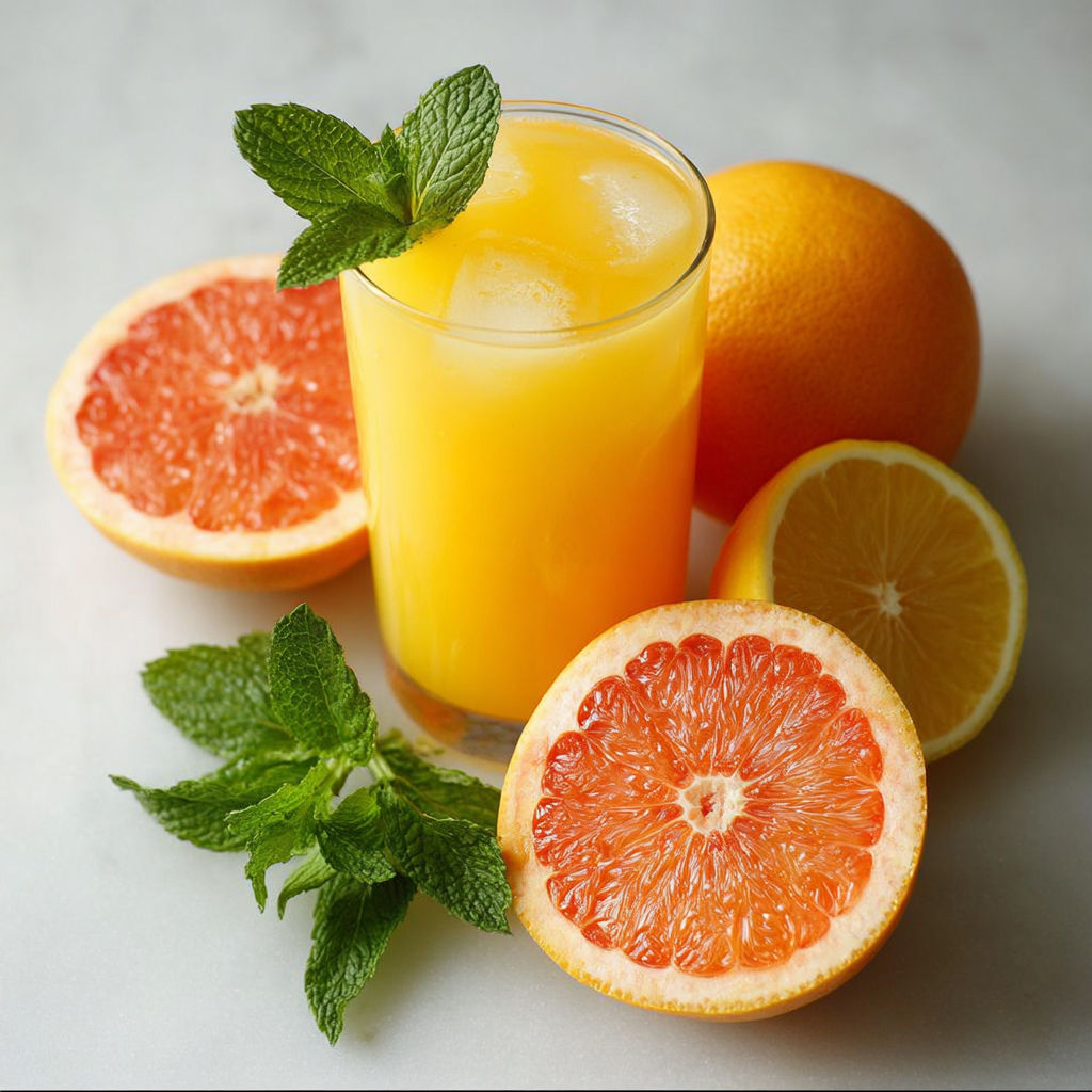 A glass of orange juice with a slice of orange and a mint leaf.