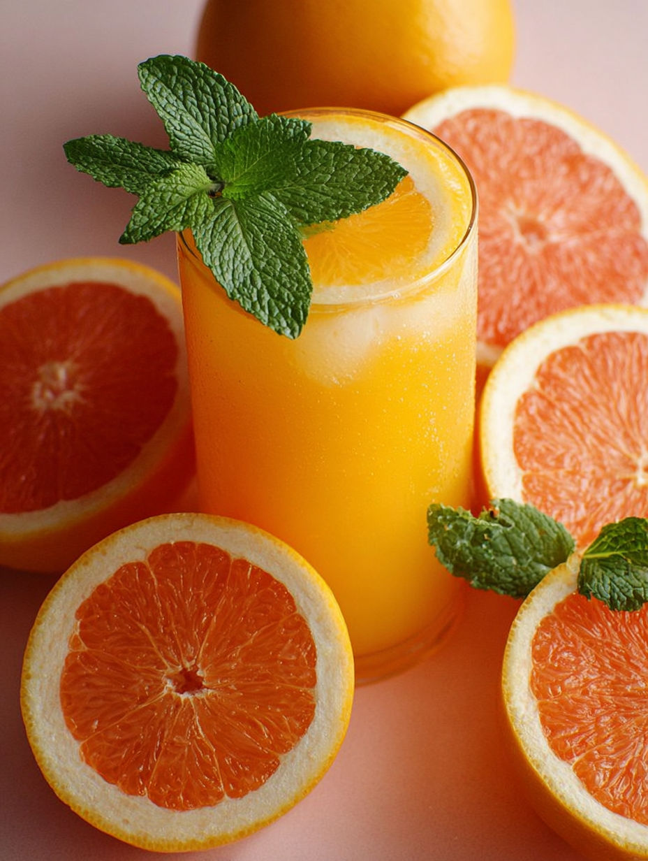 A glass of orange juice with a slice of orange and a mint leaf.