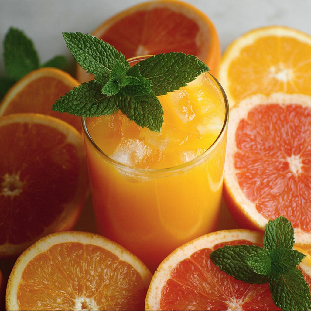 A glass of orange juice with a mint garnish.